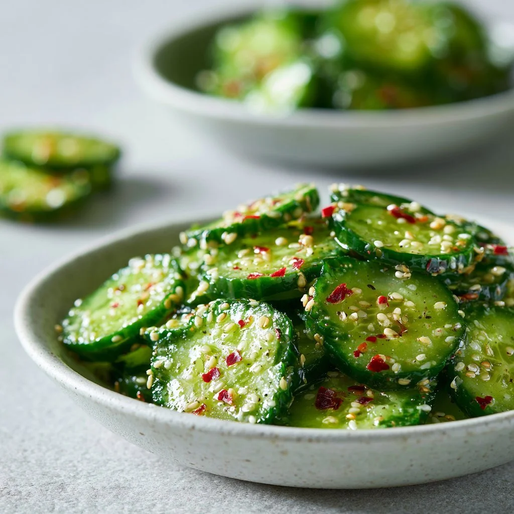 A colorful Asian cucumber salad with vibrant vegetables and dressing