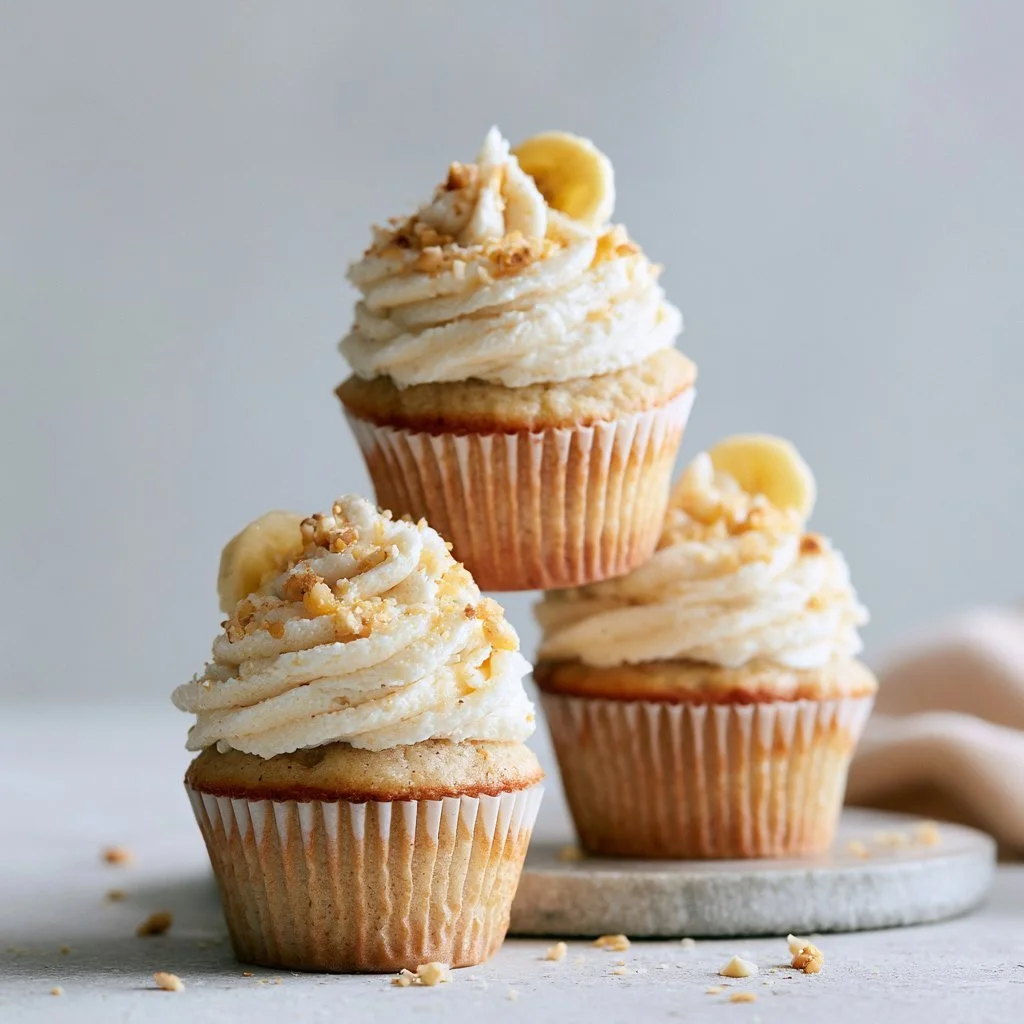 Delicious banana milkshake cupcakes topped with cream and banana slices
