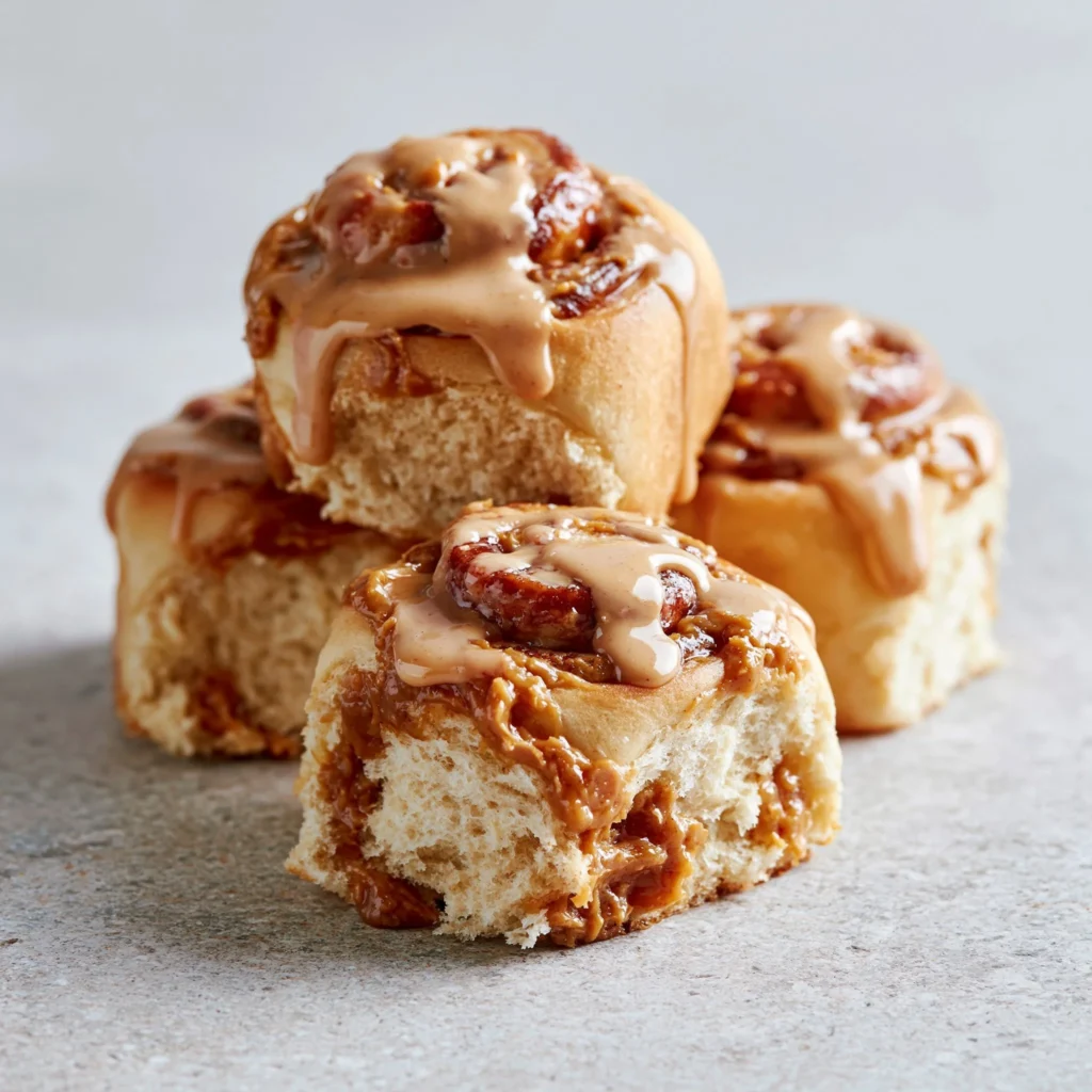 Biscoff cookie butter cinnamon rolls topped with glaze on a wooden table