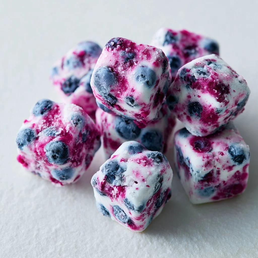 Blueberry Greek yogurt bites on a plate, garnished with fresh blueberries.