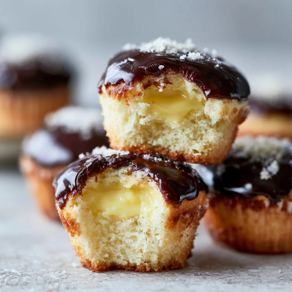 Delicious homemade Boston Cream Cupcakes with chocolate icing and cream filling