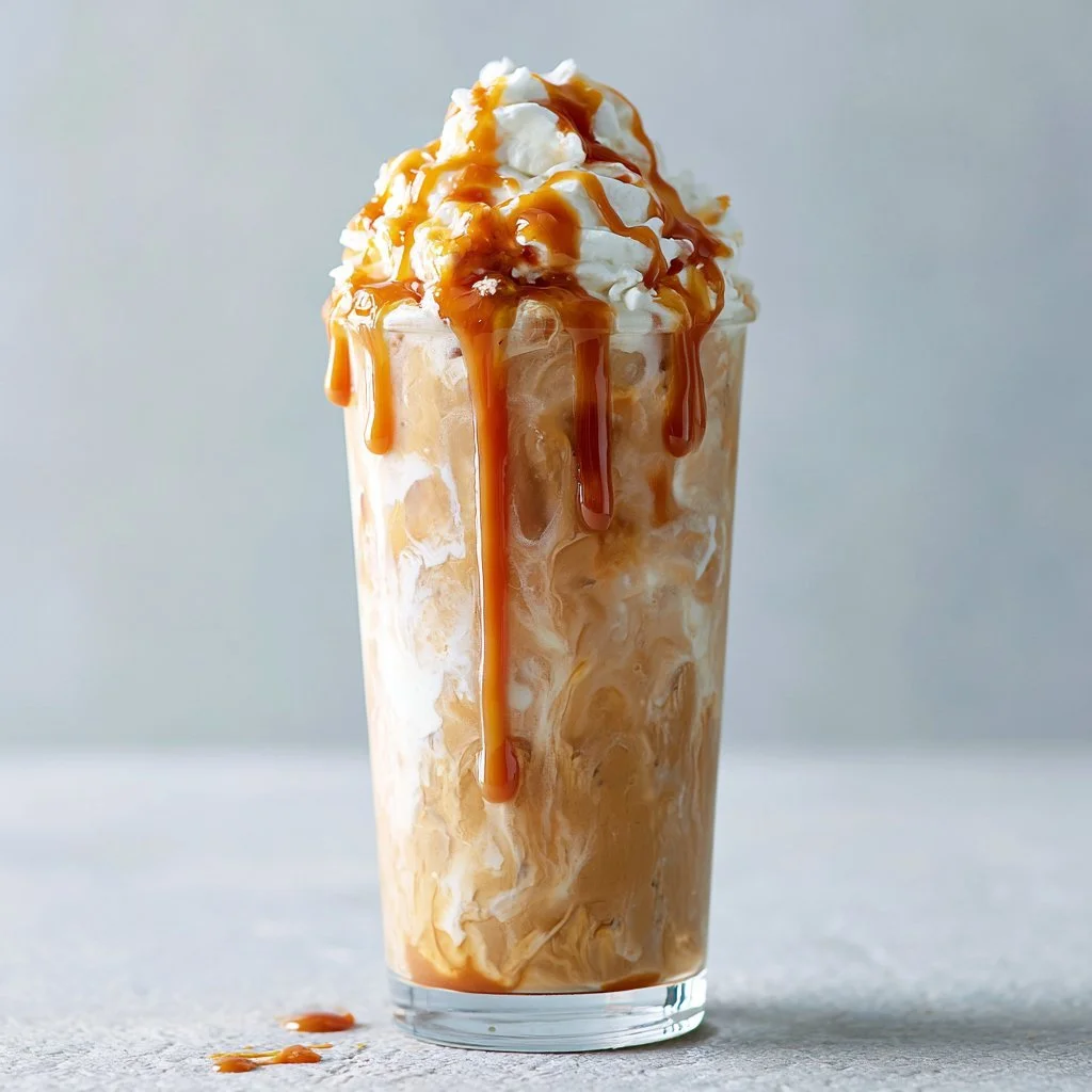 Delicious Caramel Frappe topped with whipped cream and caramel drizzle