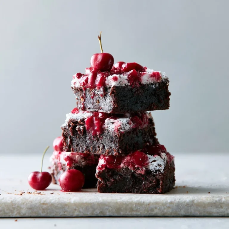 Delicious cherry brownies topped with fresh cherries on a wooden table