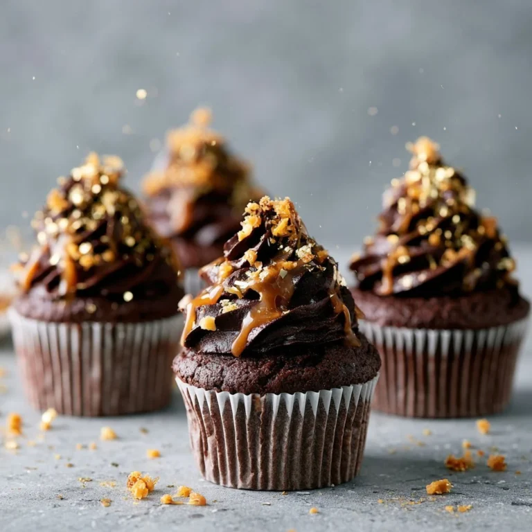 Decadent Chocolate Caramel Cupcakes topped with creamy caramel and chocolate frosting