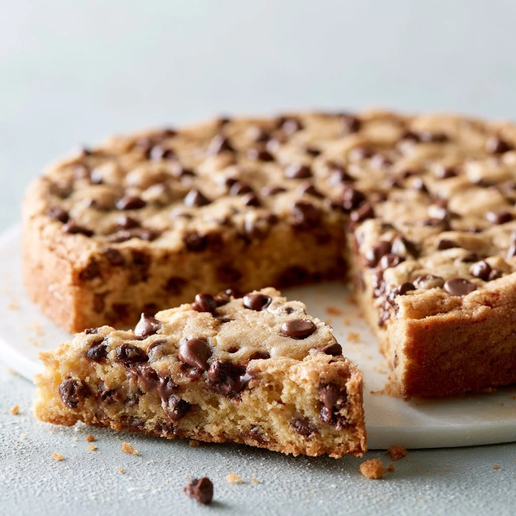 Delicious homemade Chocolate Chip Cookie Cake with chocolate chips on top