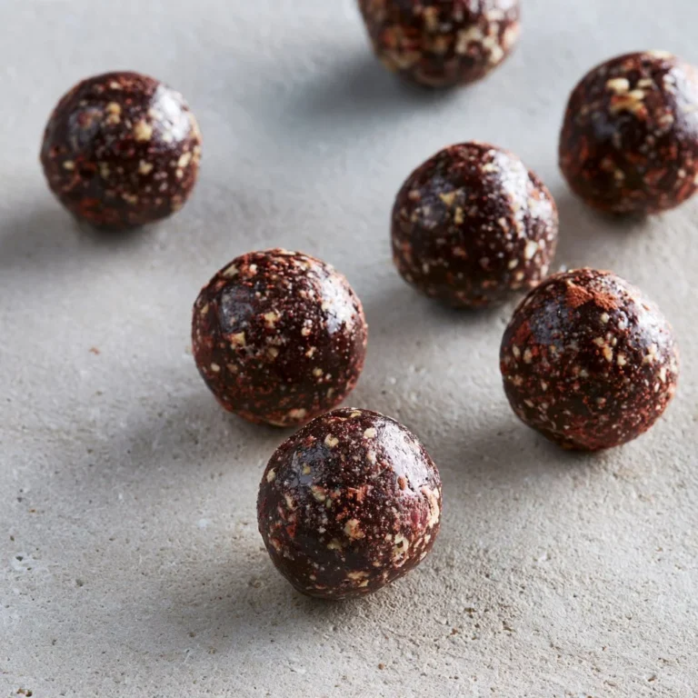 Homemade chocolate date balls with nuts and cocoa powder, a healthy dessert.