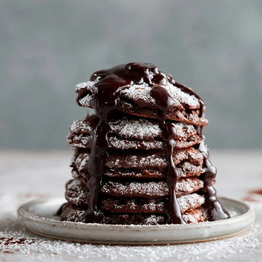 Delicious chocolate pancakes topped with syrup and berries