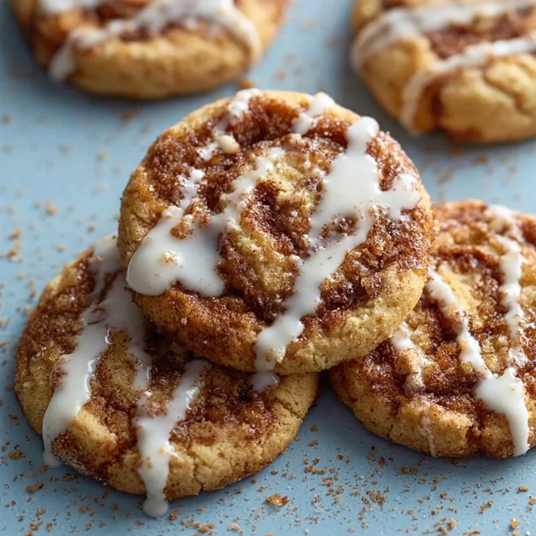 Freshly baked cinnamon roll cookies with cinnamon and icing drizzle