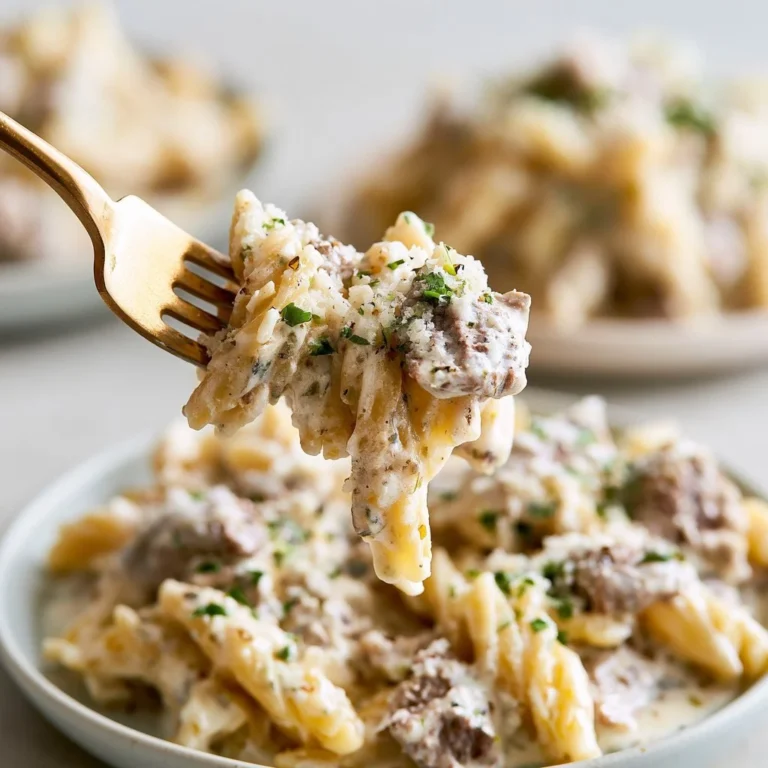 Creamy beef pasta dish served with herbs and cheese
