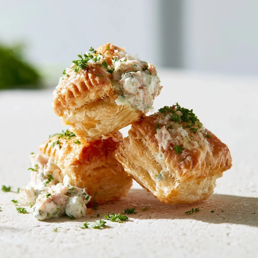 Crispy Chicken Salad Puffs served on a platter with fresh greens