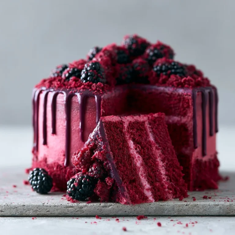 Decadent Blackberry Velvet Gothic Cake topped with fresh blackberries