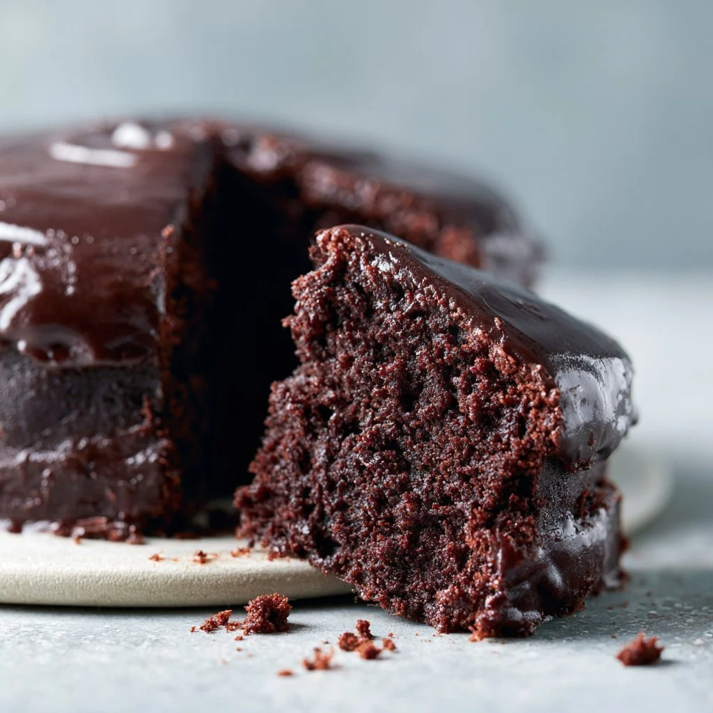 Easiest chocolate cake garnished with chocolate shavings and berries