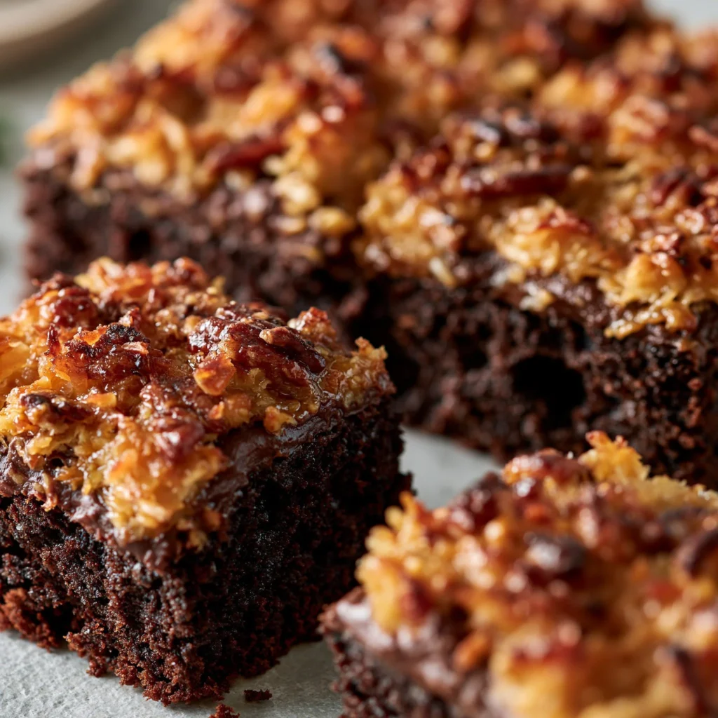 Deliciously moist German Chocolate Poke Cake topped with coconut and pecan frosting