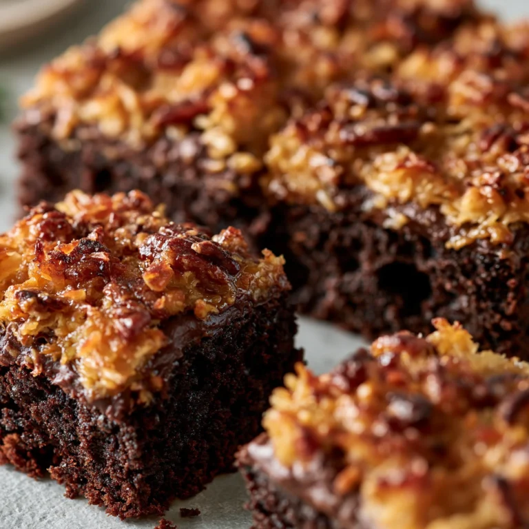 Deliciously moist German Chocolate Poke Cake topped with coconut and pecan frosting