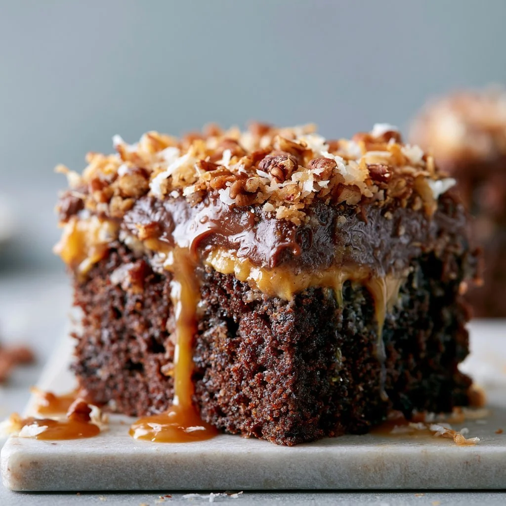 A delectable slice of German Chocolate Poke Cake with chocolate frosting and coconut topping.