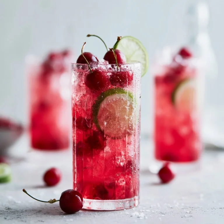 A glass of homemade cherry limeade garnished with lime slices and cherries
