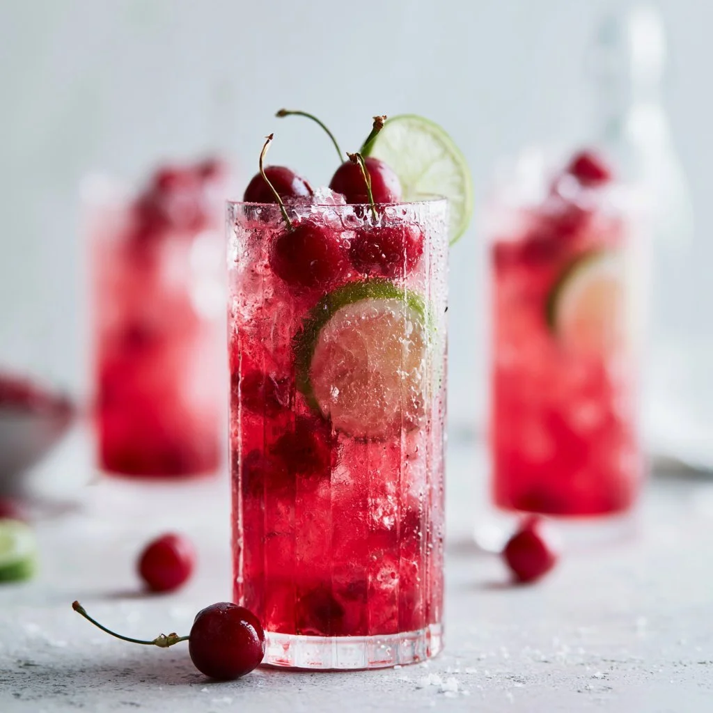 A glass of homemade cherry limeade garnished with lime slices and cherries