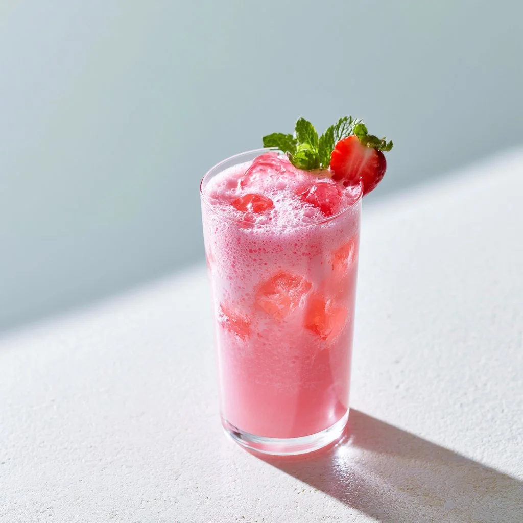 A refreshing homemade pink drink served in a glass with ice and berries.