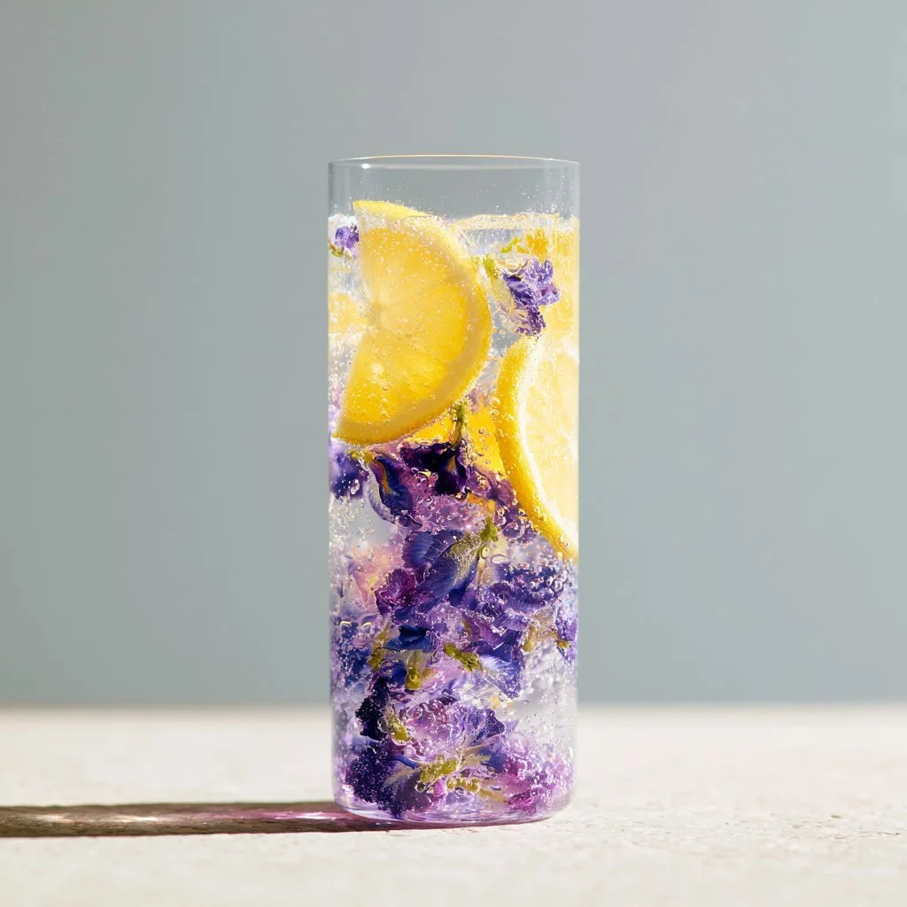 Refreshing Honey Lemon Butterfly Fizz cocktail with a vibrant color and garnishes.