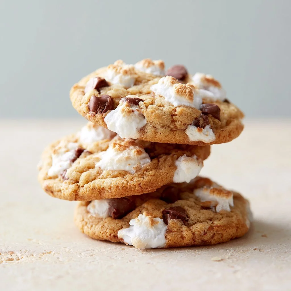 Delicious marshmallow chocolate chip cookies on a baking tray.