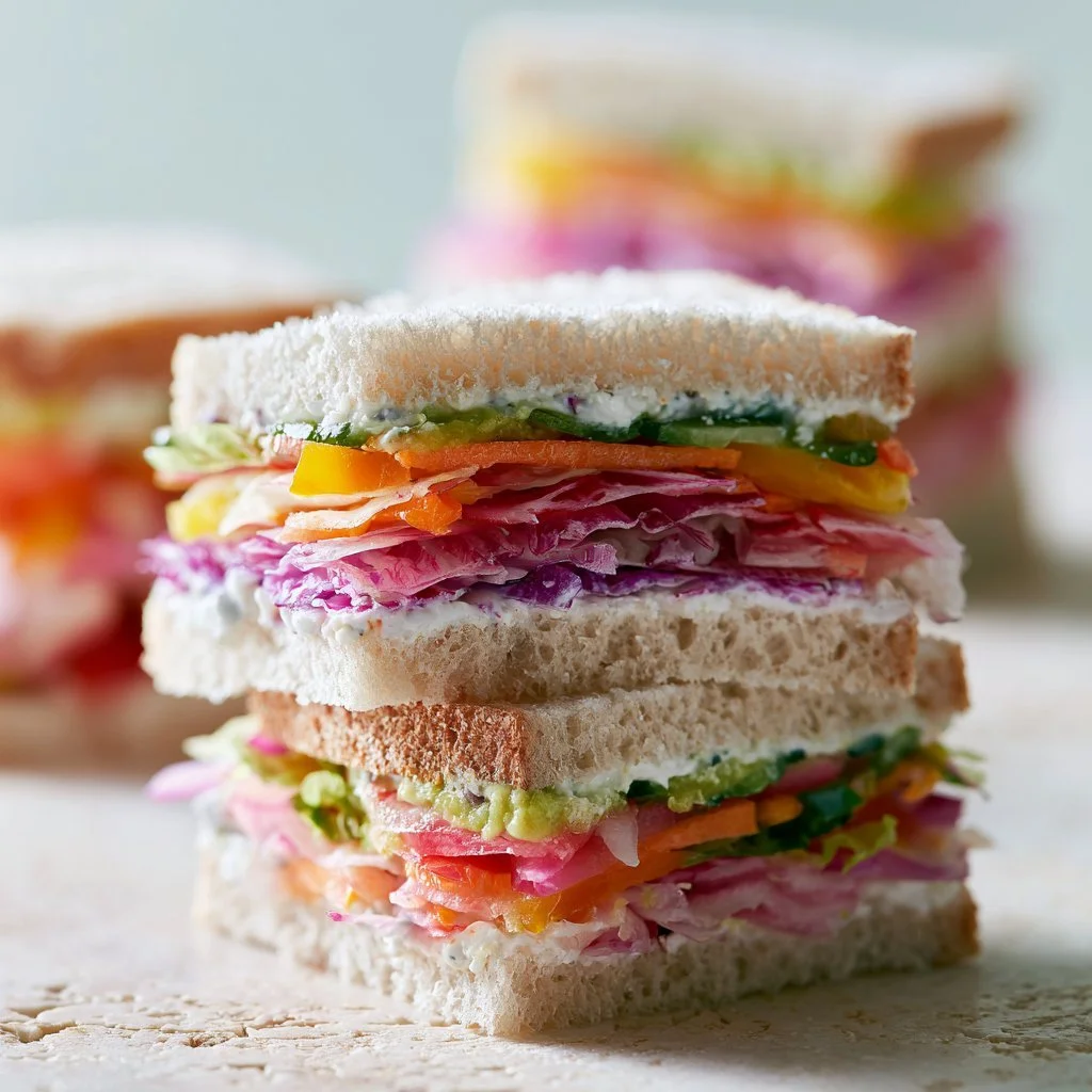 Assorted mini sandwiches on a platter, perfect for parties and gatherings.
