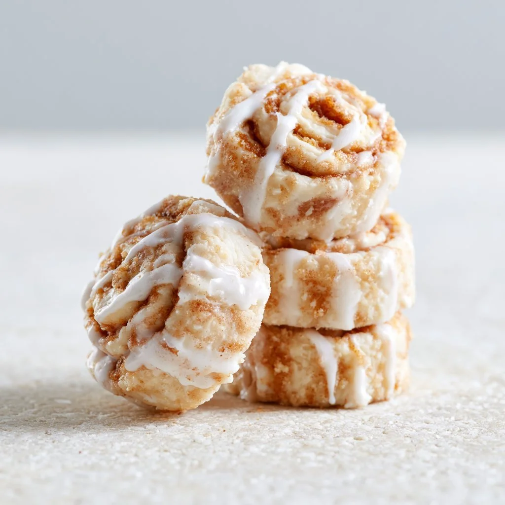 Plate of no-bake cinnamon roll cookies with icing