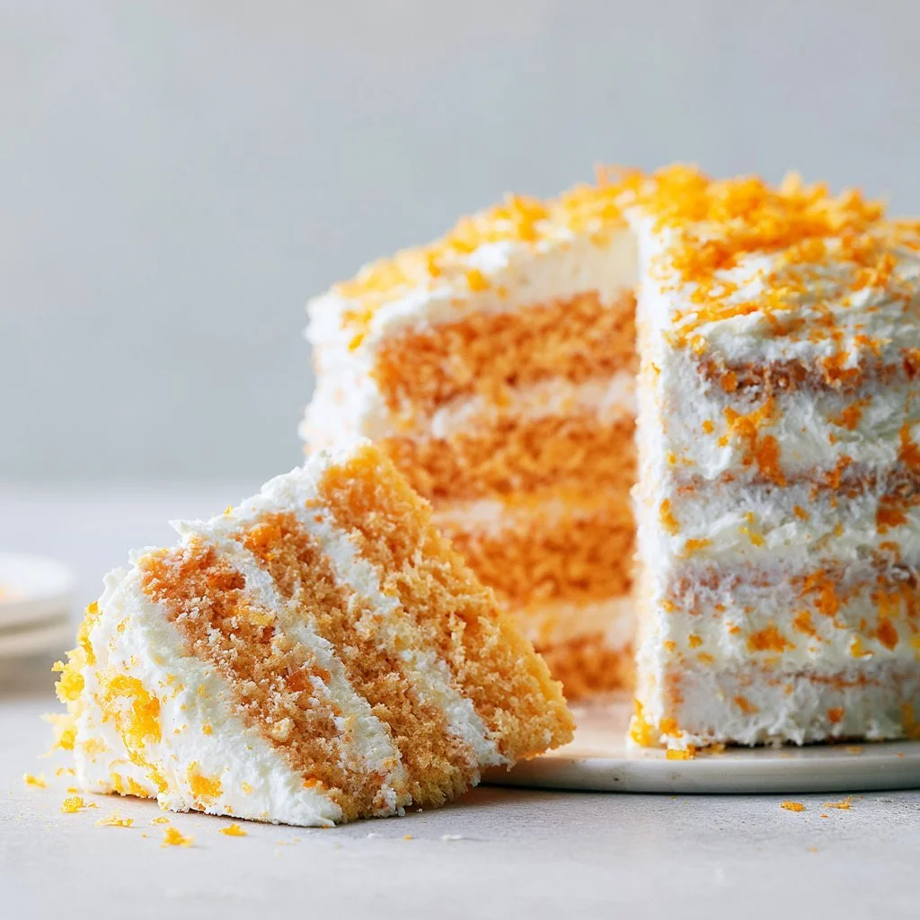 Delicious slice of Orange Creamsicle Cake with orange frosting and cream layers