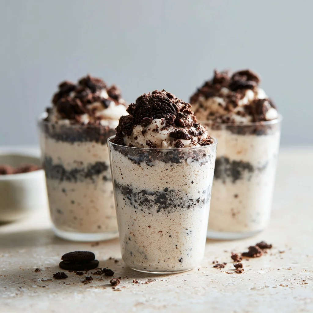 Delicious Oreo Mousse dessert topped with crushed Oreos and whipped cream.