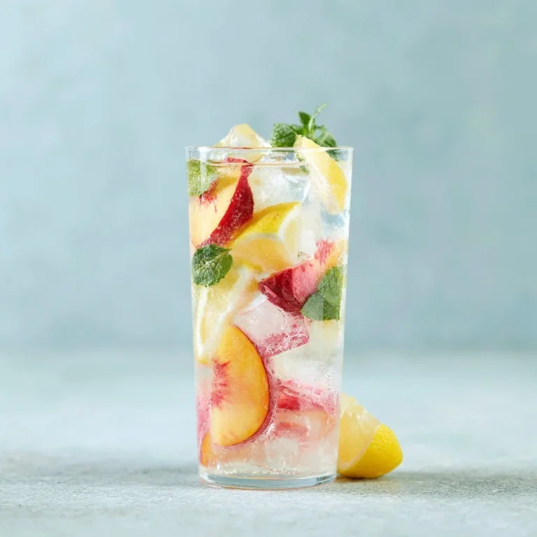 A refreshing glass of Peach Lemonade with slices of peach and lemon garnishing the rim