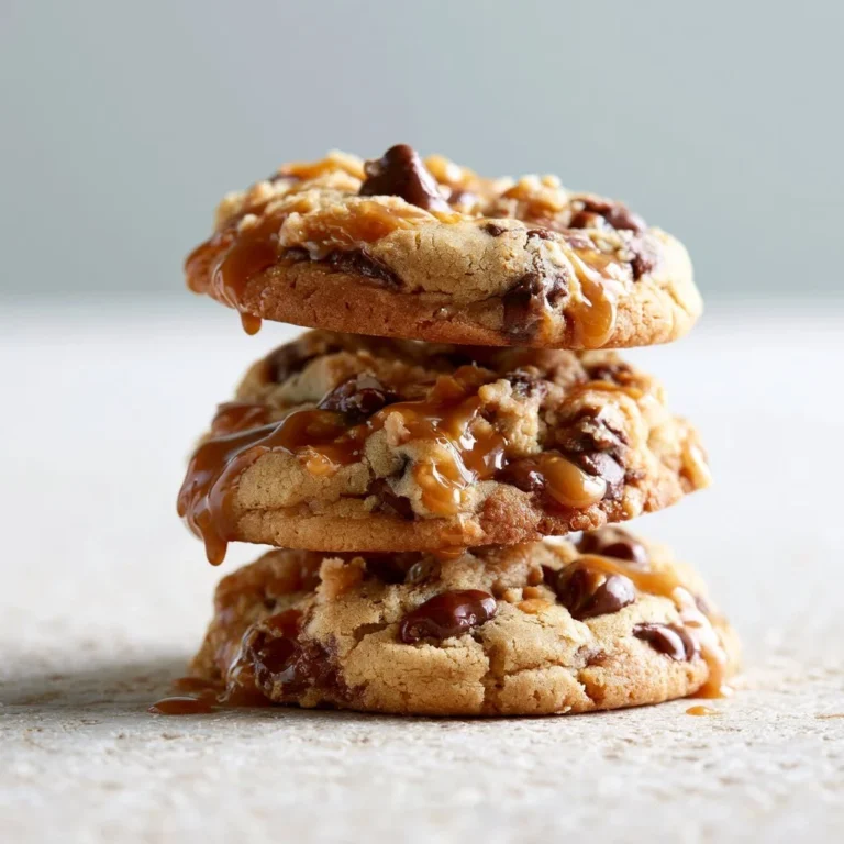Delicious peanut butter chocolate caramel cookies on a plate.