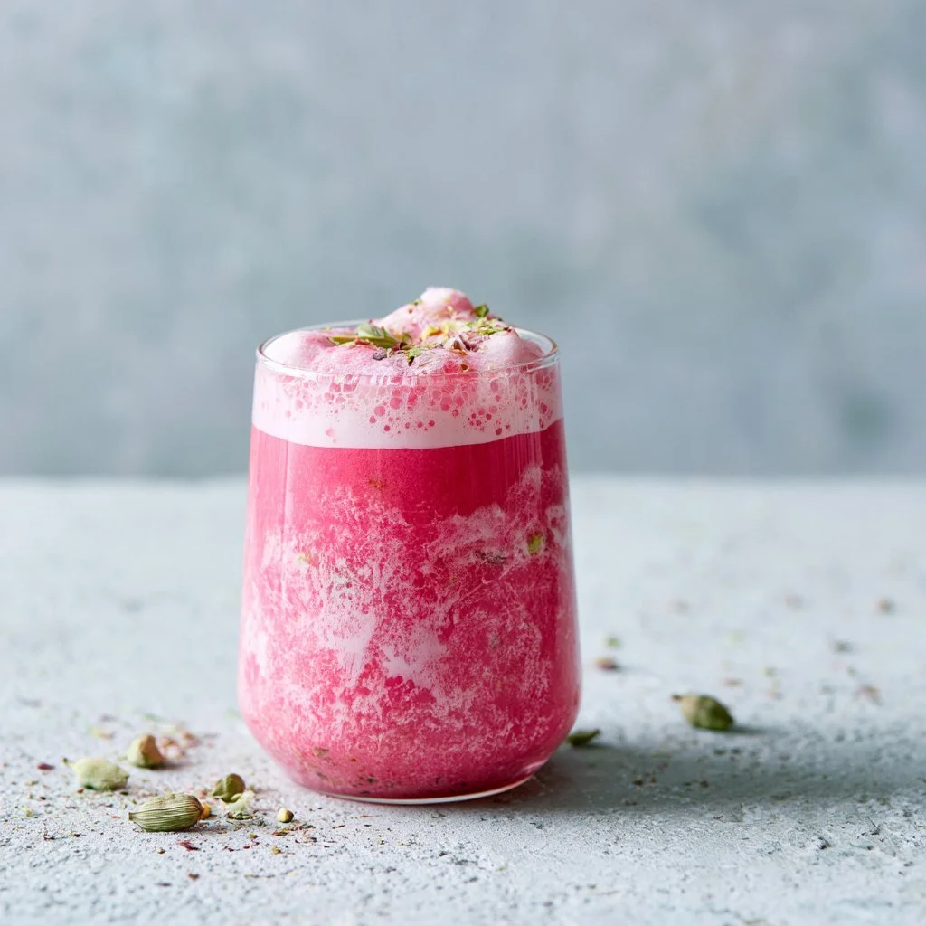 A steaming cup of Pink Tea with rose petals and spices.