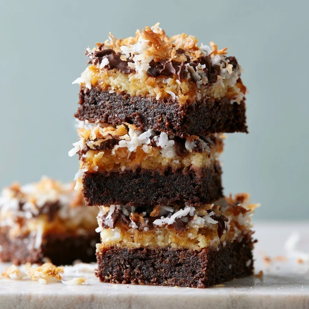 Delicious homemade Samoa Brownies topped with caramel and toasted coconut