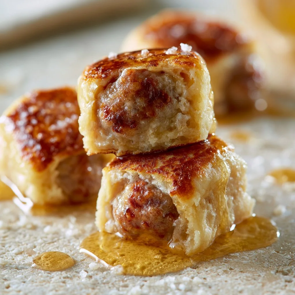 Plate of sausage pancake bites garnished with syrup and fresh fruits