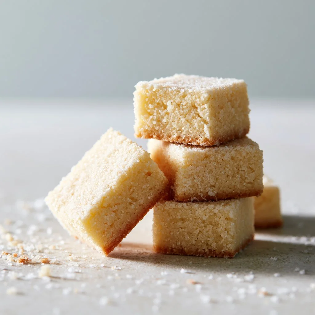 Batch of homemade shortbread cookies on a wooden table