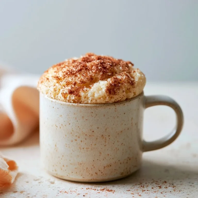 Delicious snickerdoodle mug cake topped with cinnamon sugar in a white mug
