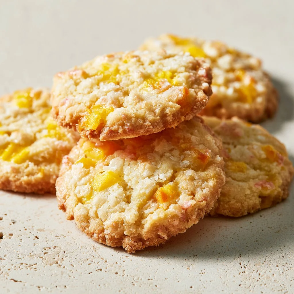 A plate of freshly baked tropical mango cookies garnished with coconut.