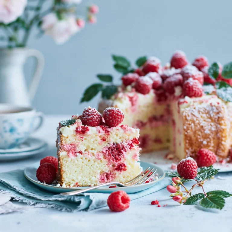Delicious slice of white chocolate raspberry cake topped with fresh raspberries