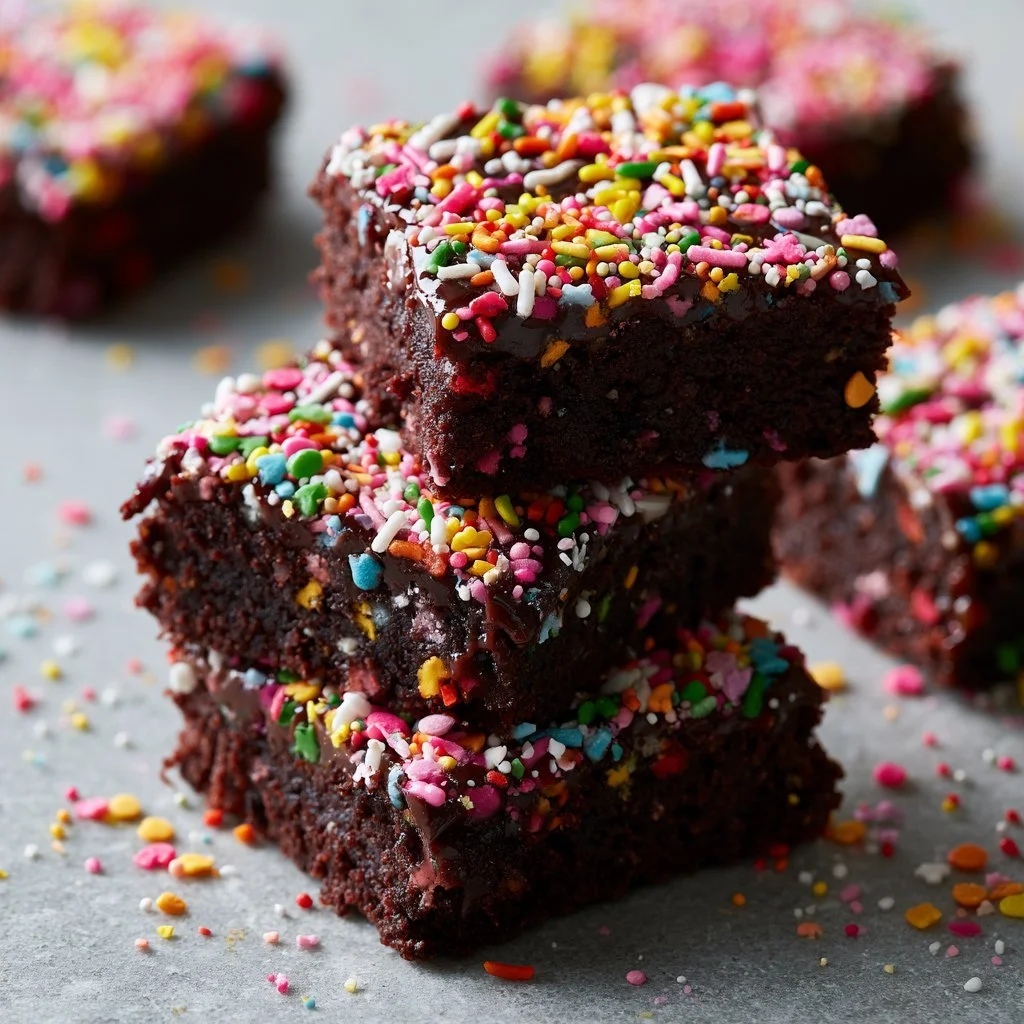 Gourmet Cosmic Brownies with colorful sprinkles and rich chocolate texture